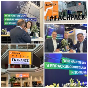 Collage mit Eindrücken vom Bayern-Fass Messeauftritt auf der Fachpack 2025: Gesprächsszenen am Stand, Messelogos und Beschilderung, Unternehmensvertreter mit Besuchern sowie der Slogan „Wir halten den Verpackungskreislauf in Schwung“.