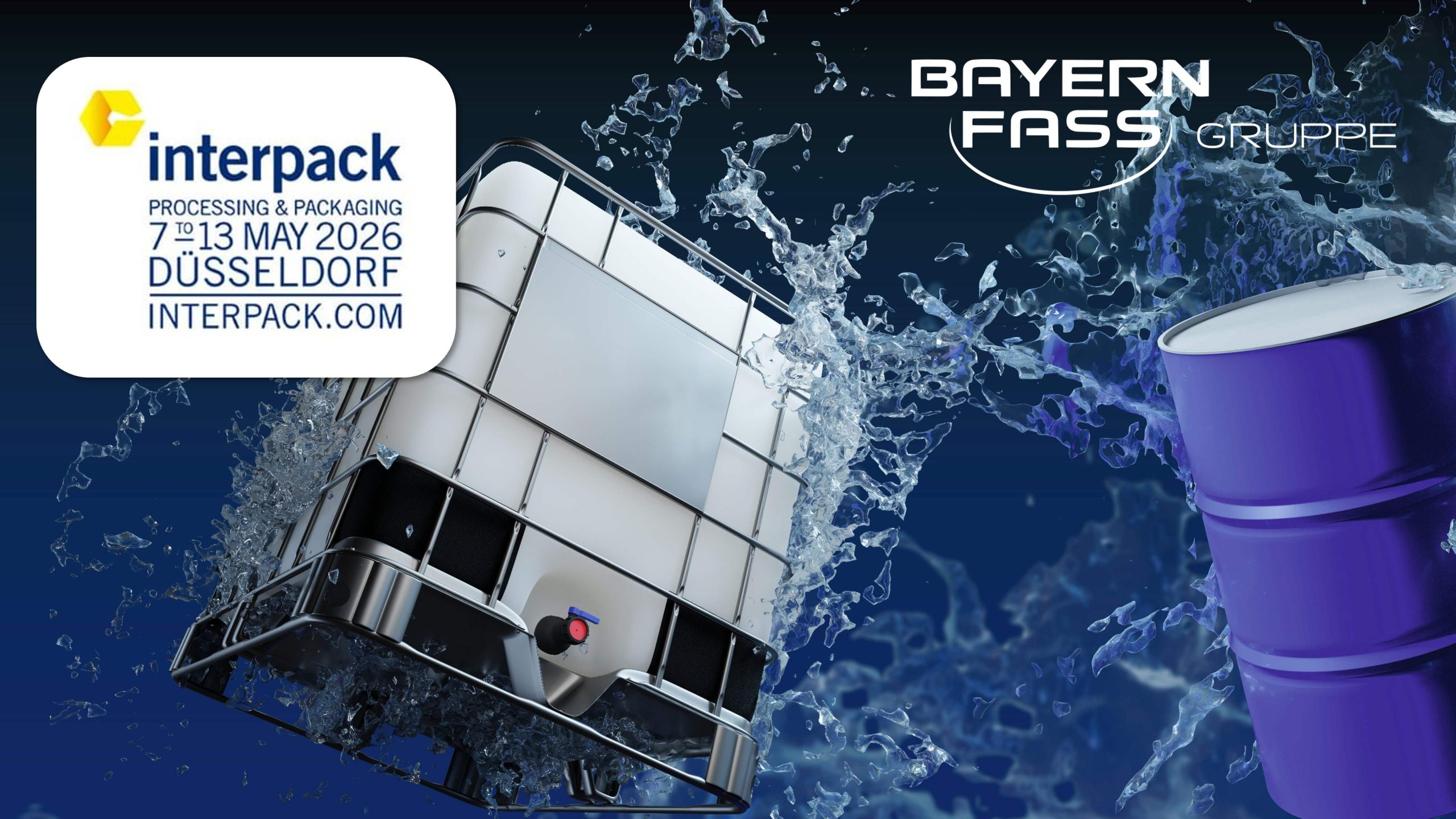 eine Collage aus einem Fass und einem IBC mit dem Save the date-Logo für die interpack